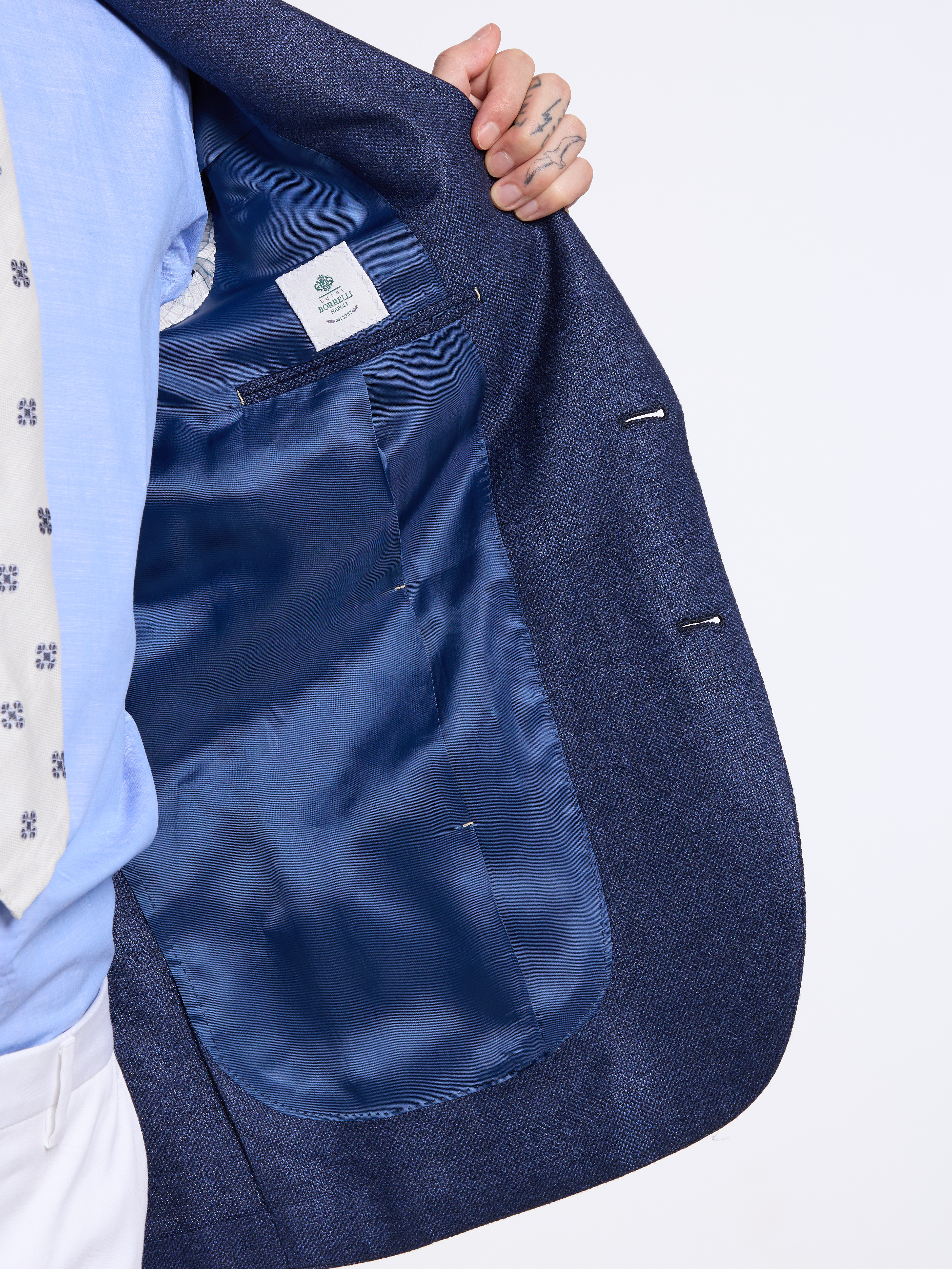 SINGLE-BREASTED LINEN BLEND SOLID COLOR TAILORED JACKET - BLUE
